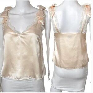 CAMI NYC Freya V Neck Silk Lace Trim Bow Shoulder Cami Top in Ceramic Ivory XXS